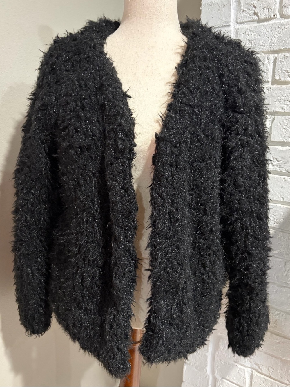 Miss London Black Fuzzy Open-Front Women's Jacket - Picture 3 of 5